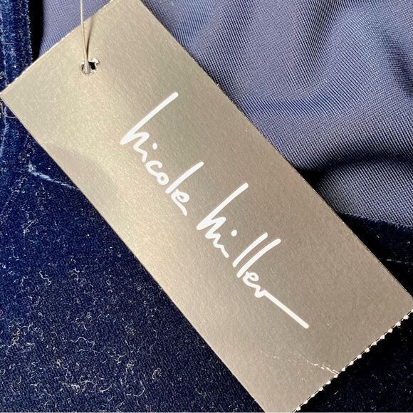Nicole Miller Velvet Mock Wrap Top with Back Keyhole in Navy Blue Women’s L - Picture 7 of 8